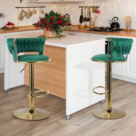 Set of 2 Velvet Bar Stools, Counter Height Stools with Low Back, Gold Swivel Bar Chairs for Kitchen Island, Bar (Color: green)