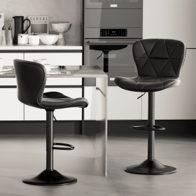 Modern Bar Stool Set of 2, Adjustable Faux Leather Upholstered Swivel Counter Stools, Counter Height Barstools with Back for Kitchen Island (Color: Black)